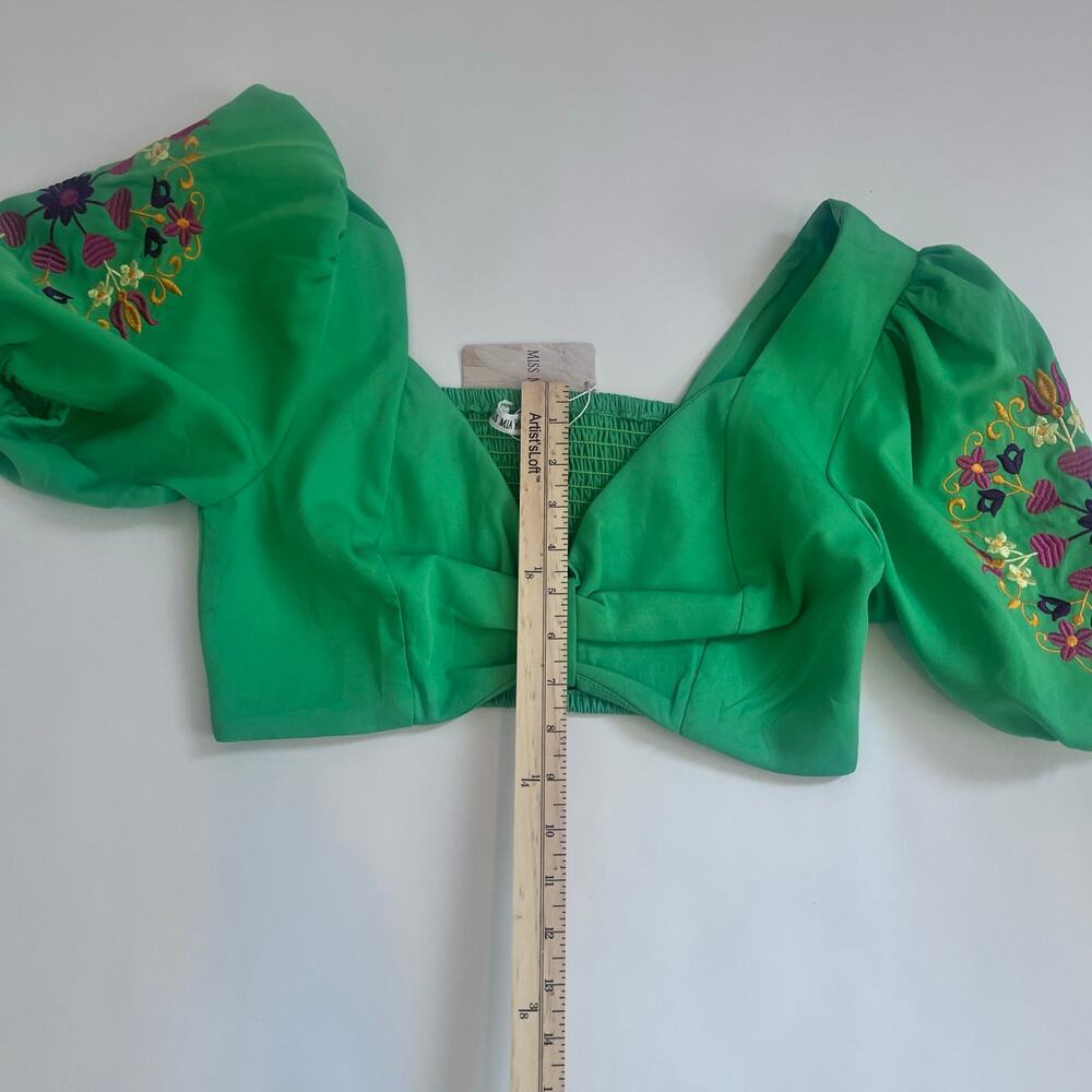 MISS MIA MIA NWT CROP TOP PUFF FLORAL EMBRIODERED SLEEVES BRIGHT GREEN SIZE M - Picture 7 of 11